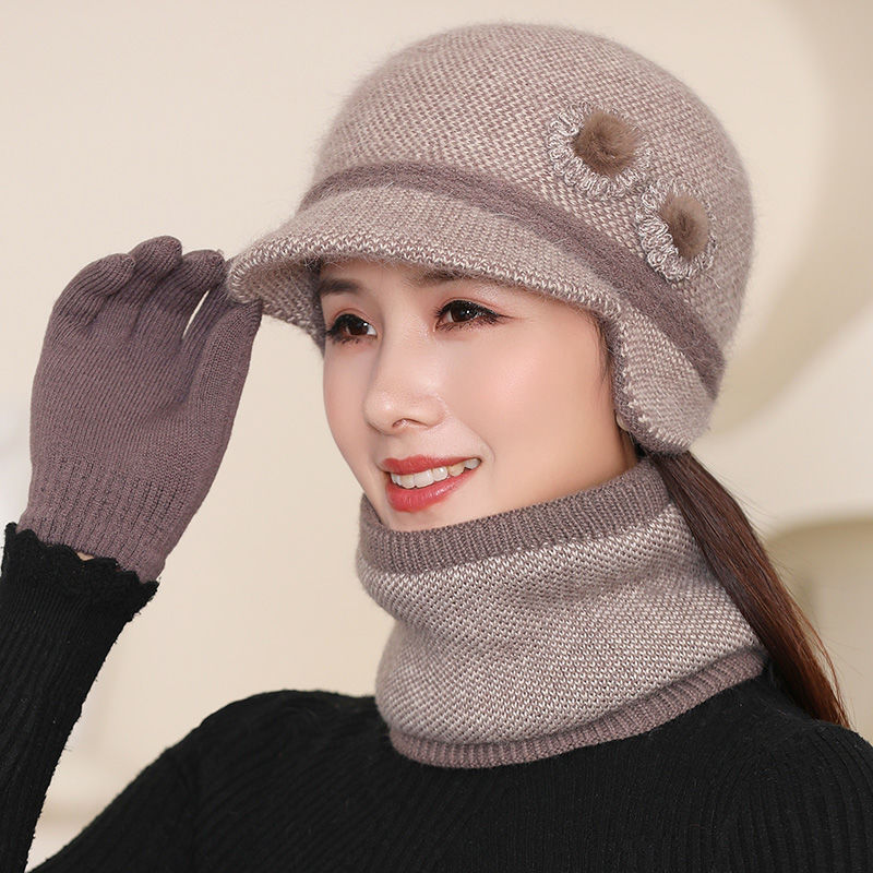 中老年帽子女冬天毛线棉帽奶奶妈妈护耳保暖老人老太太兔毛针织帽