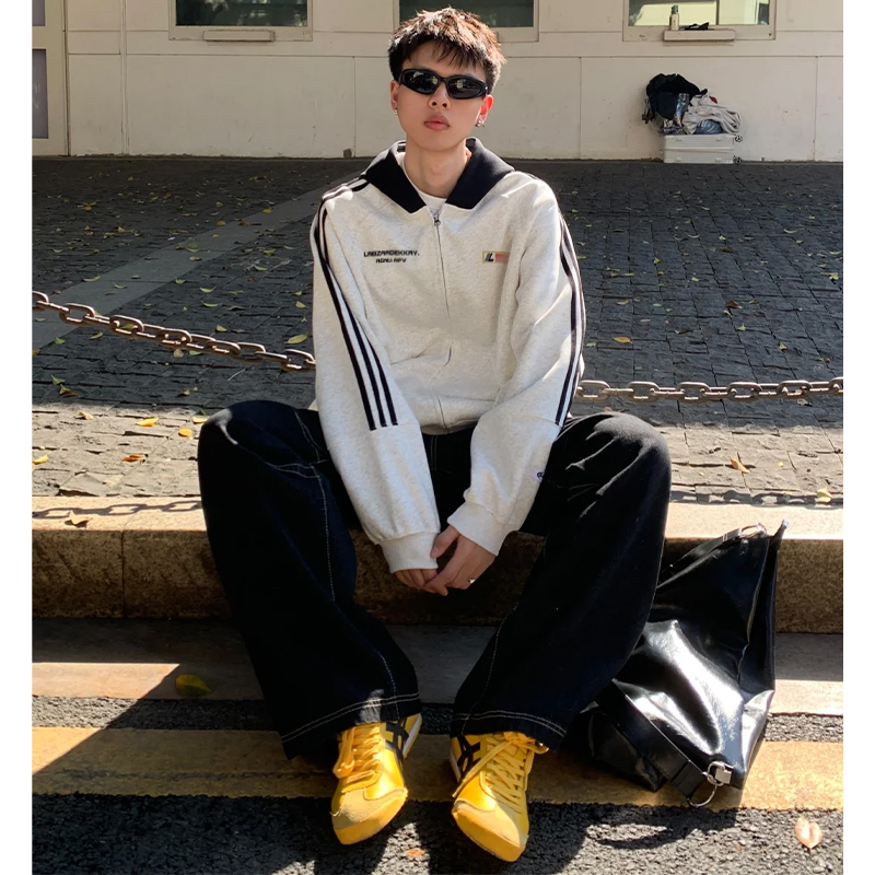 labzaa国潮牌美式复古拼接三条杠连帽卫衣男女秋冬季拉链开衫外套