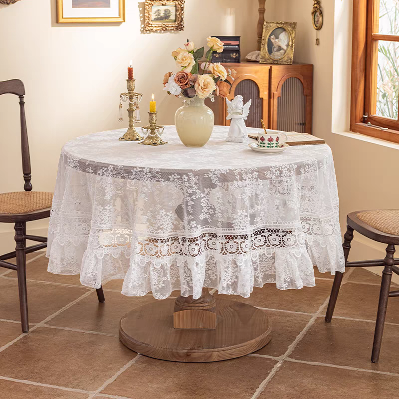 氛围感高级感法式ins奶油风轻奢白色蕾丝防尘大圆桌茶几桌布盖布