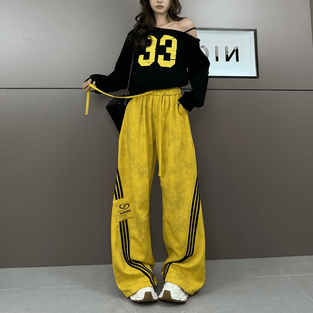 时尚条纹拼接休闲阔腿裤女秋冬新款重工刺绣宽松显瘦显腿运动裤子