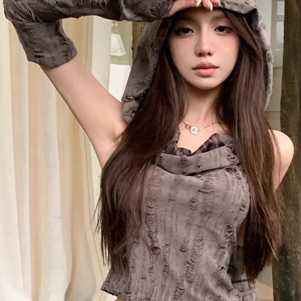 美式废土风破洞设计感连帽袖套t恤女春秋小众新款背心短款上衣潮