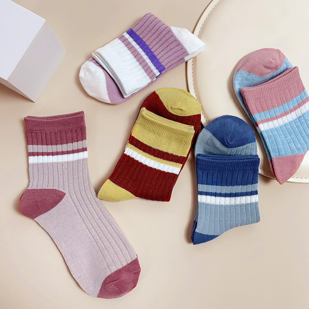 优人美冬季上新5双装拼色二杠条纹中筒女士棉袜子