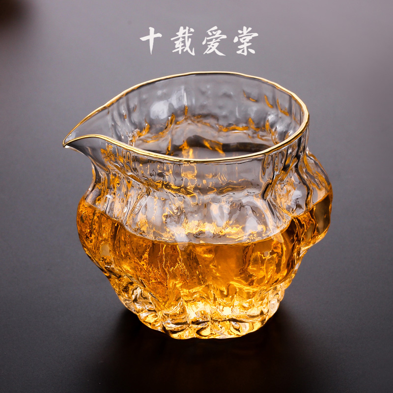 十载爱棠 日式核桃纹玻璃公道杯加厚耐热锤纹金边公杯分茶器茶具