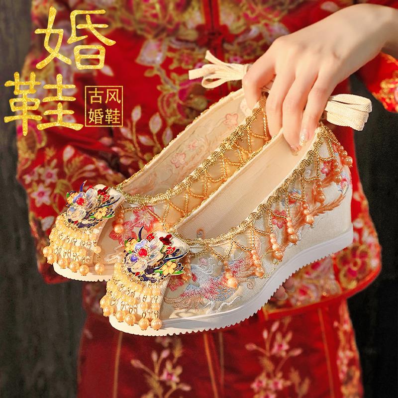 原创鸾凤和鸣手工真珍珠定制中式婚鞋秀禾服新娘结婚汉服鞋绣花鞋