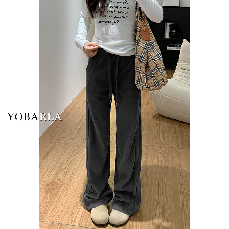 深灰色休闲裤女秋冬加绒胖mm大码女装宽松显瘦梨形身材阔腿卫裤子