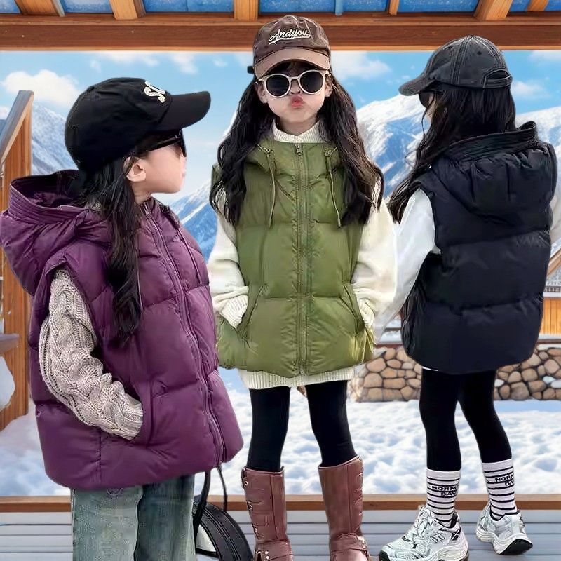 女童马甲2024秋冬新款手塞棉加厚儿童外套洋气外穿宝宝背心连帽衫