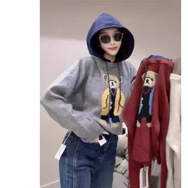 2024秋冬新款街头宽松时尚卡通图案慵懒减龄小众独特连帽针织衫女