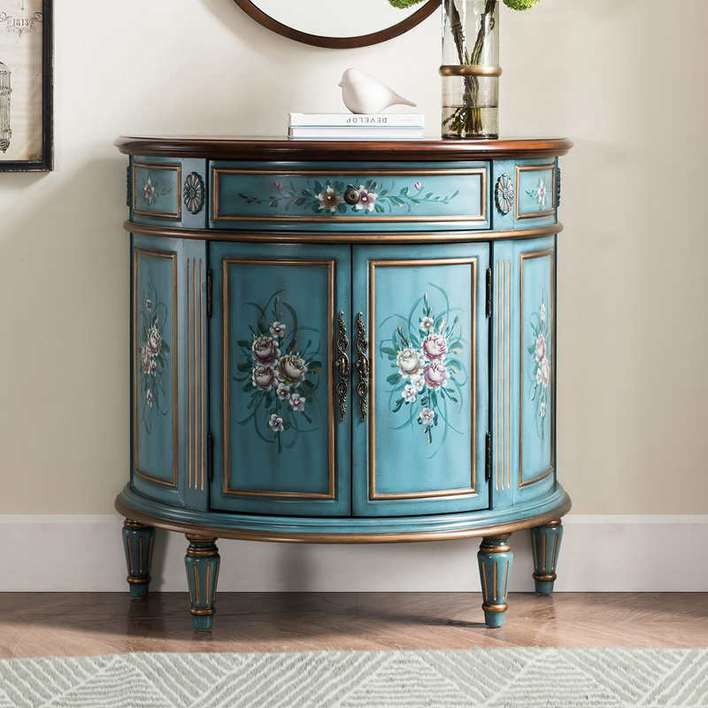 美式实木门厅柜玄关柜半圆靠墙装饰柜走廊柜彩绘玄关台带门整装柜