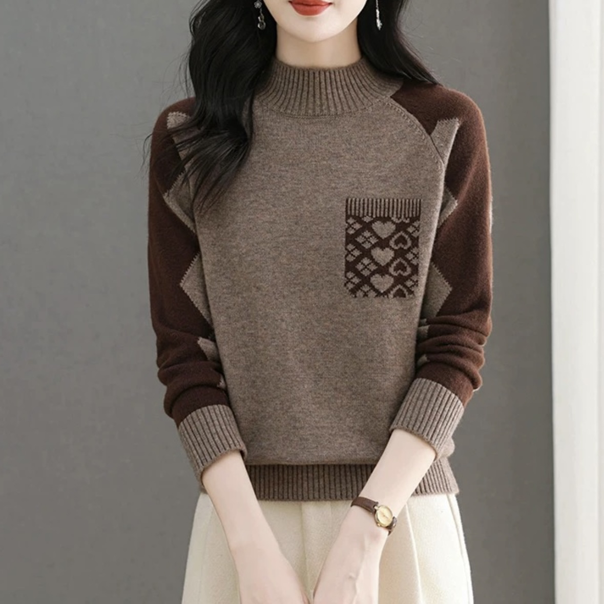 秋冬新款半高领爱心提花撞色时尚洋气套头宽松针织打底羊毛衫H168