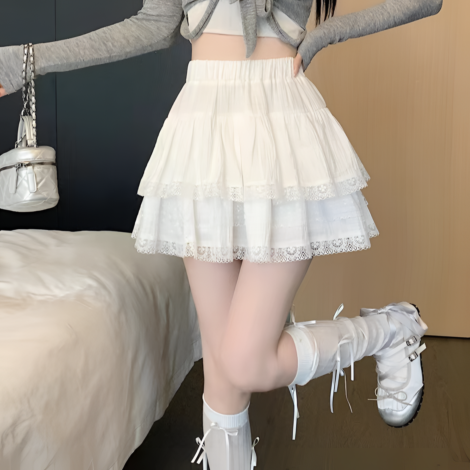 韩版白色芭蕾风短裙女春夏花边蕾丝A字半身裙高腰显瘦裙子小个子