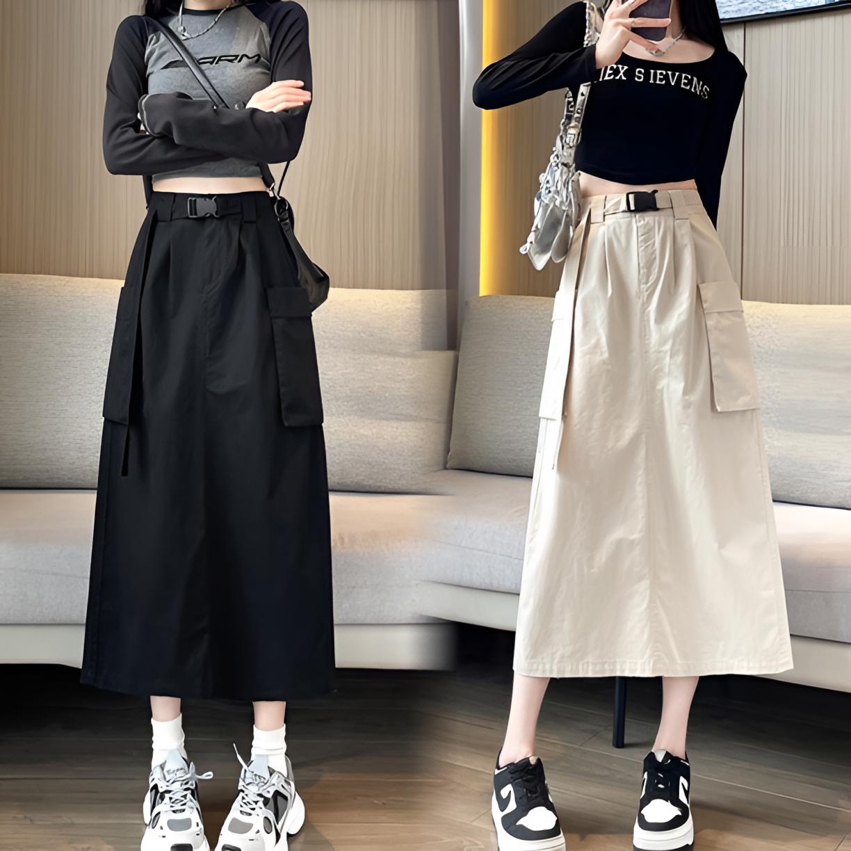 美式工装裙显瘦半身裙大口袋女春夏新款高腰开叉a字百搭中长款裙