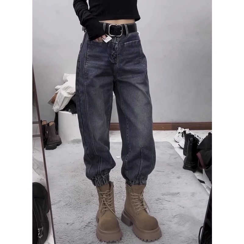 宽松加绒牛仔裤女秋冬新款梨形身材大码显瘦遮胯高腰九分束脚裤