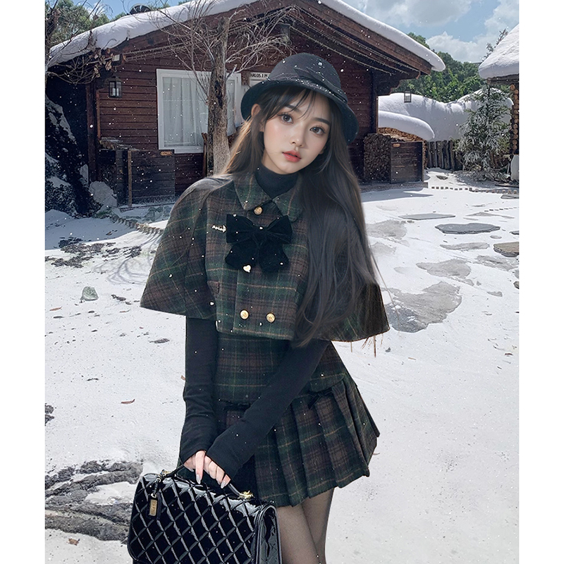 财阀千金小香风套装学院风甜美毛呢斗篷披肩小个子格纹百褶半身裙