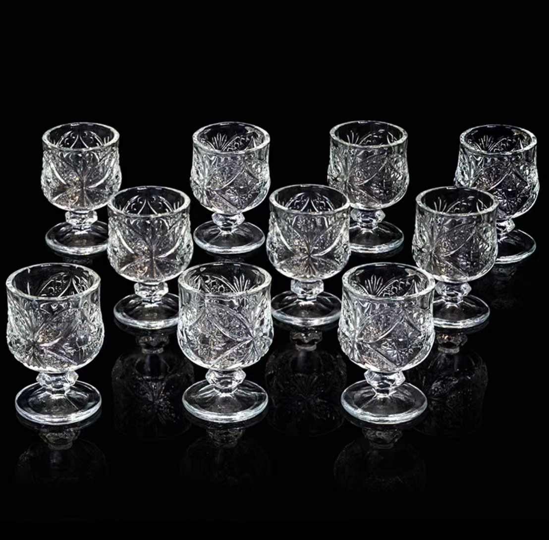 【12只装】创意透明迷你复古刻花无铅玻璃杯一两高脚杯家用白酒杯