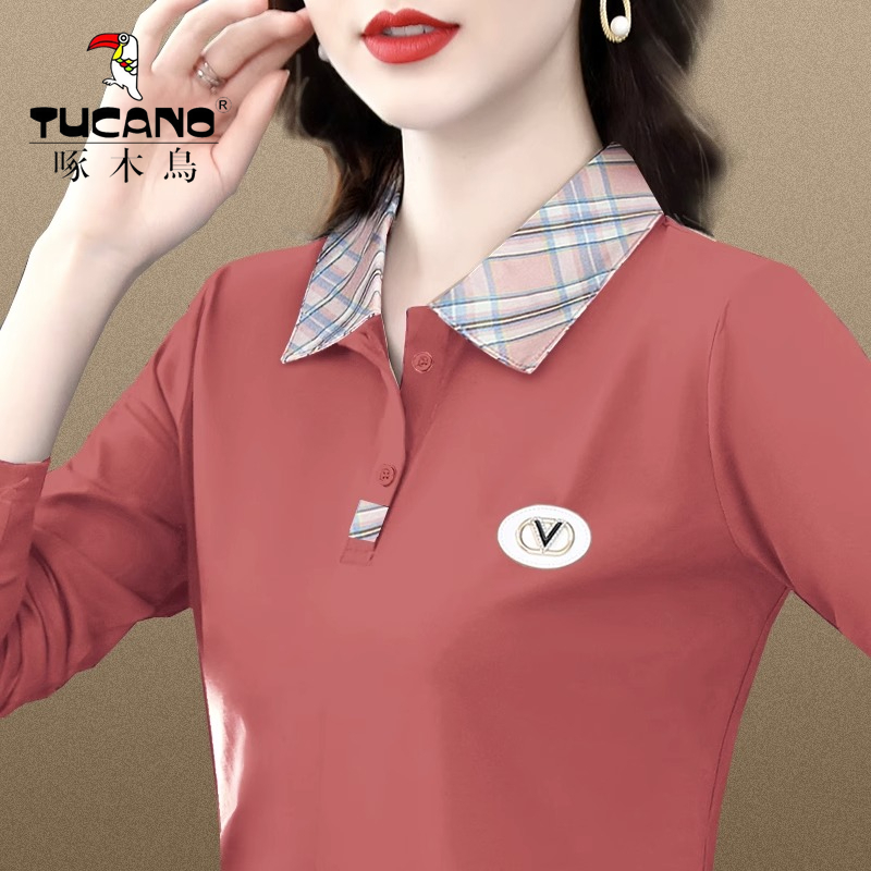 啄木鸟正品拼色长袖翻领T恤女秋冬新款洋气中年妈妈宽松大码上衣