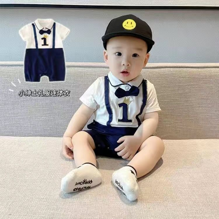 儿童半袖礼服男童幼儿宝宝连体衣洋气婴儿夏款假两件帅气韩版哈衣