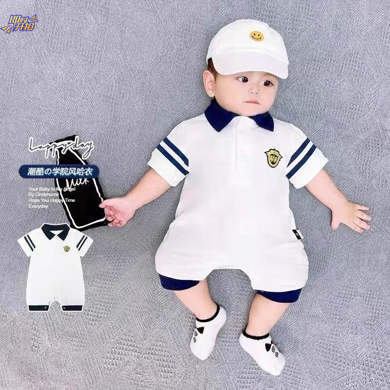 纯棉婴儿男童学院风帅气夏装潮酷婴幼儿女宝宝时尚休闲连体衣半袖