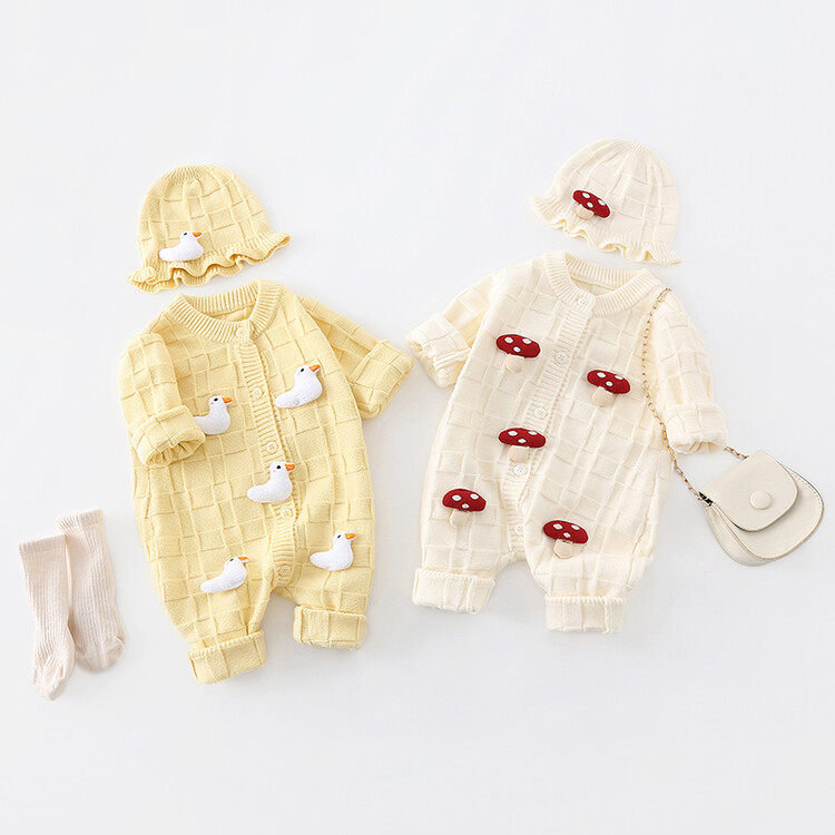 婴儿毛衣春秋单层开衫男女宝宝可爱针织衫带帽子连体衣衣服秋冬