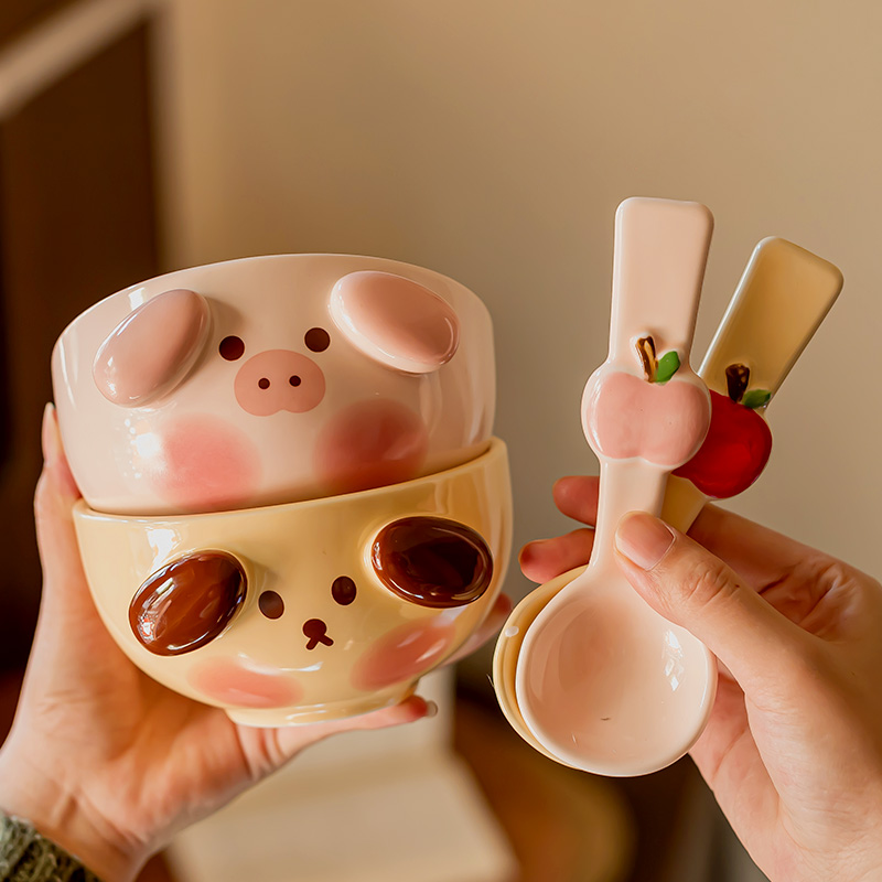 可爱小猪学生碗釉下彩家用个人学生儿童专用餐具情侣吃饭碗可微波