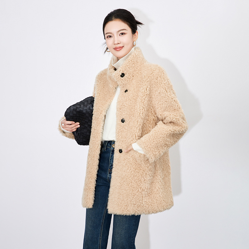 -休闲高级感宽松慵懒立领皮毛一体羊羔毛中长款大衣外套女