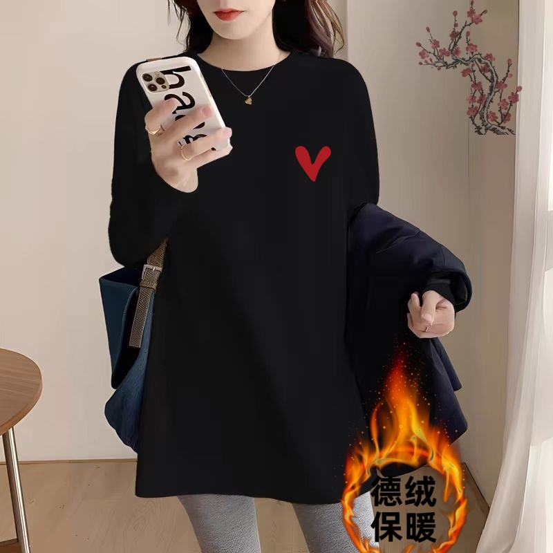 黑色德绒打底衫女秋冬卫衣内搭宽松遮屁股中长款圆领t恤女长袖潮
