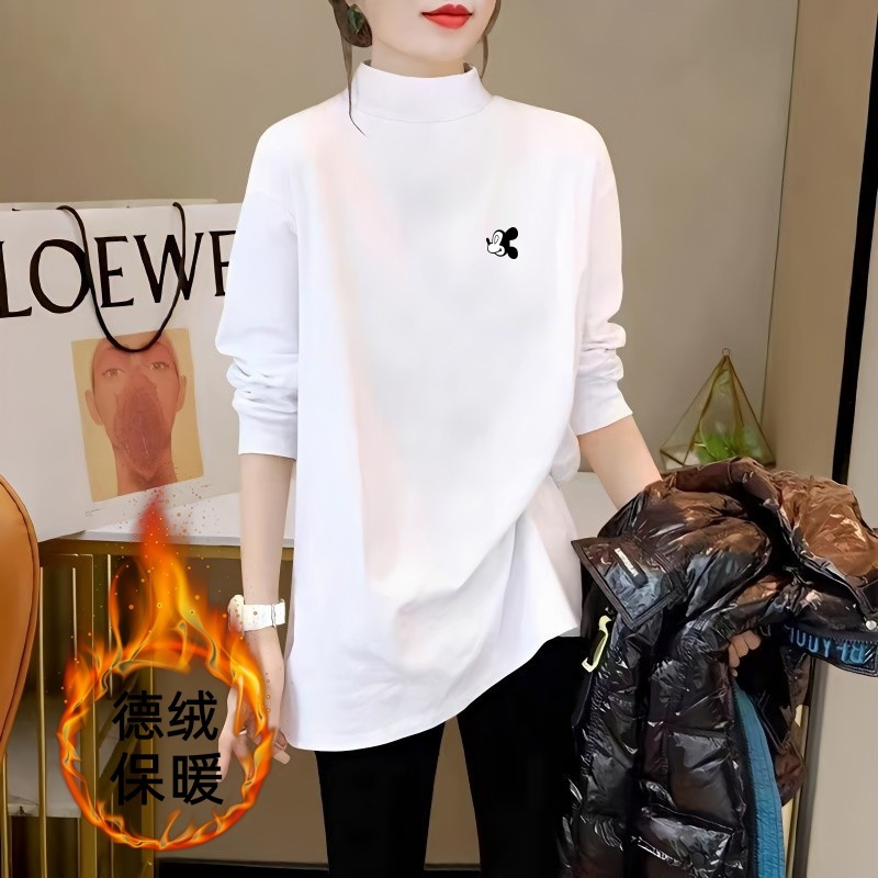 德绒半高领打底衫女秋冬保暖内搭新款洋气加厚黑色长袖t恤中长款