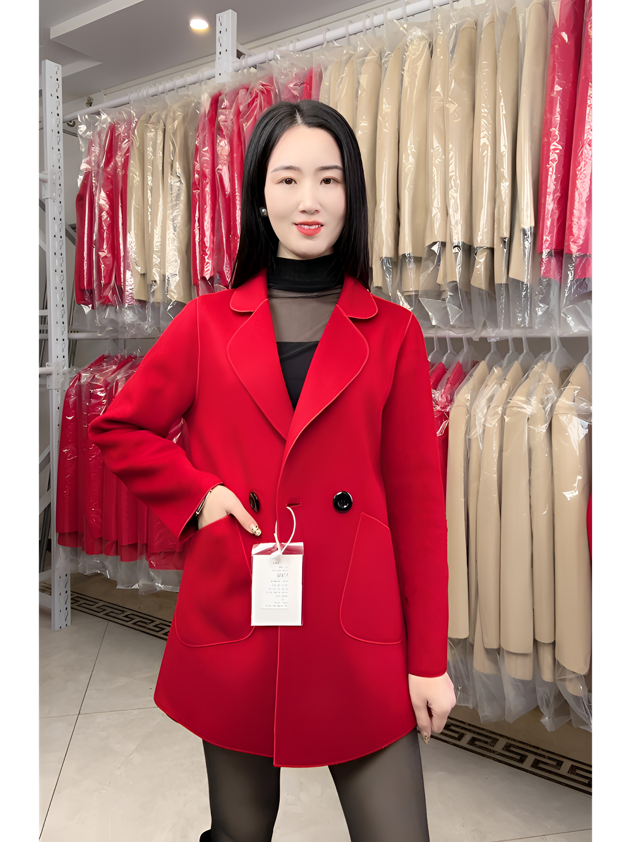 新款洋气时尚经典女士西服领纯色双面呢大衣女装百搭中款外套A888
