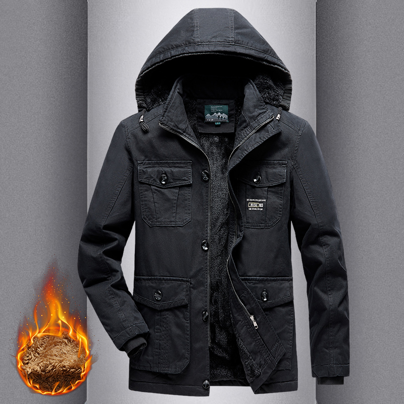 费达基卡秋冬季男士棉衣外套中年工装多口袋防寒加绒加厚纯棉透气