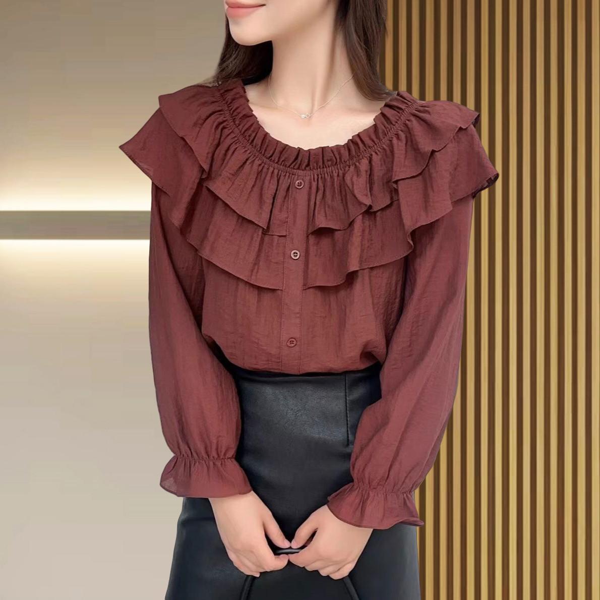 时尚休闲荷叶边上衣2024秋季新款气质显瘦洋气减龄褶皱长袖百搭女