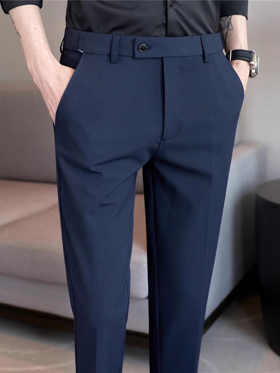 四季男士休闲裤隐形松紧腰休闲弹力九分西裤修身小脚垂感商务男裤