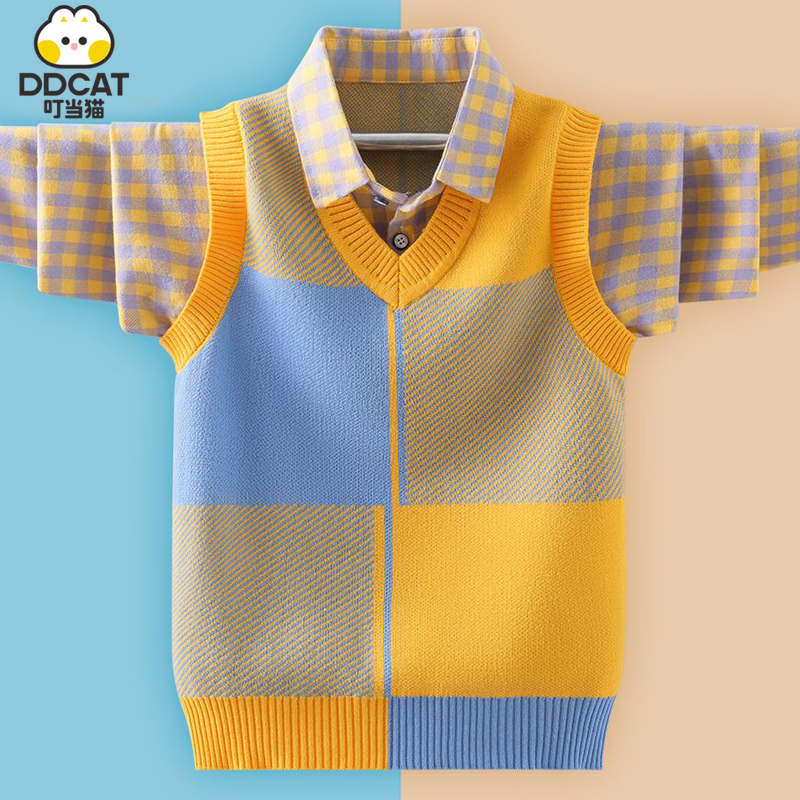 叮当猫儿童毛衣假两件男童帅气春秋外穿长袖男孩套头针织衫5-15岁