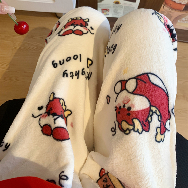 珊瑚绒睡裤女冬季法兰绒长裤冬款加厚可爱卡通保暖休闲遛弯家居裤