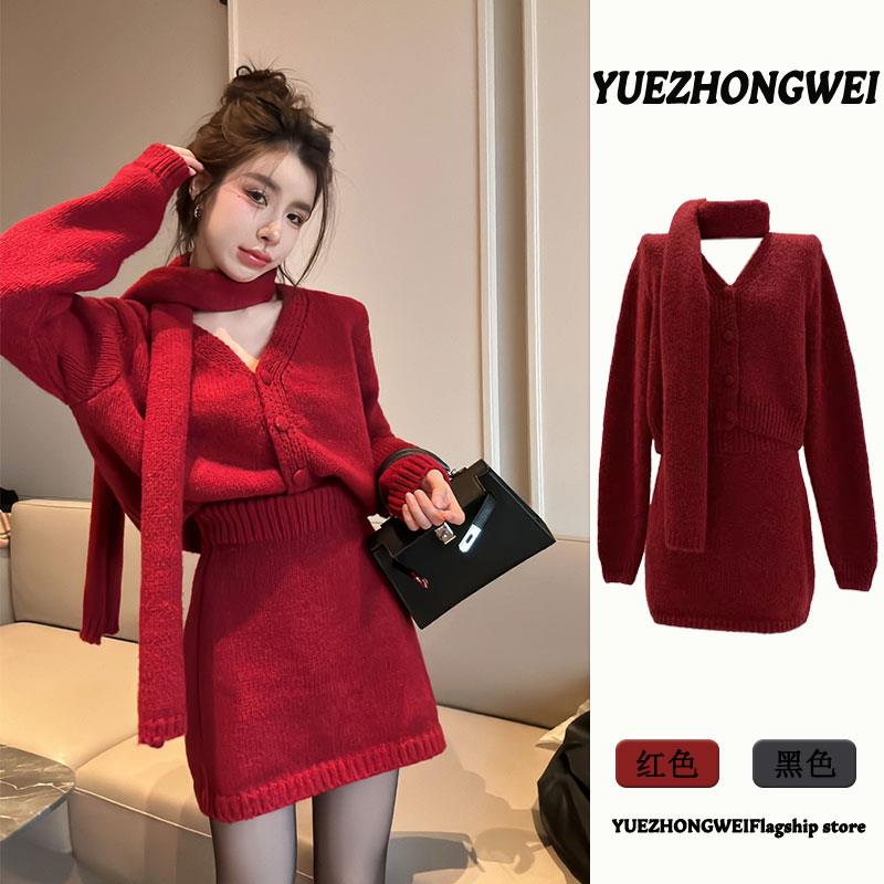 深冬穿搭一整套秋冬季女装本命年新年战 袍红色毛衣半身裙两件式