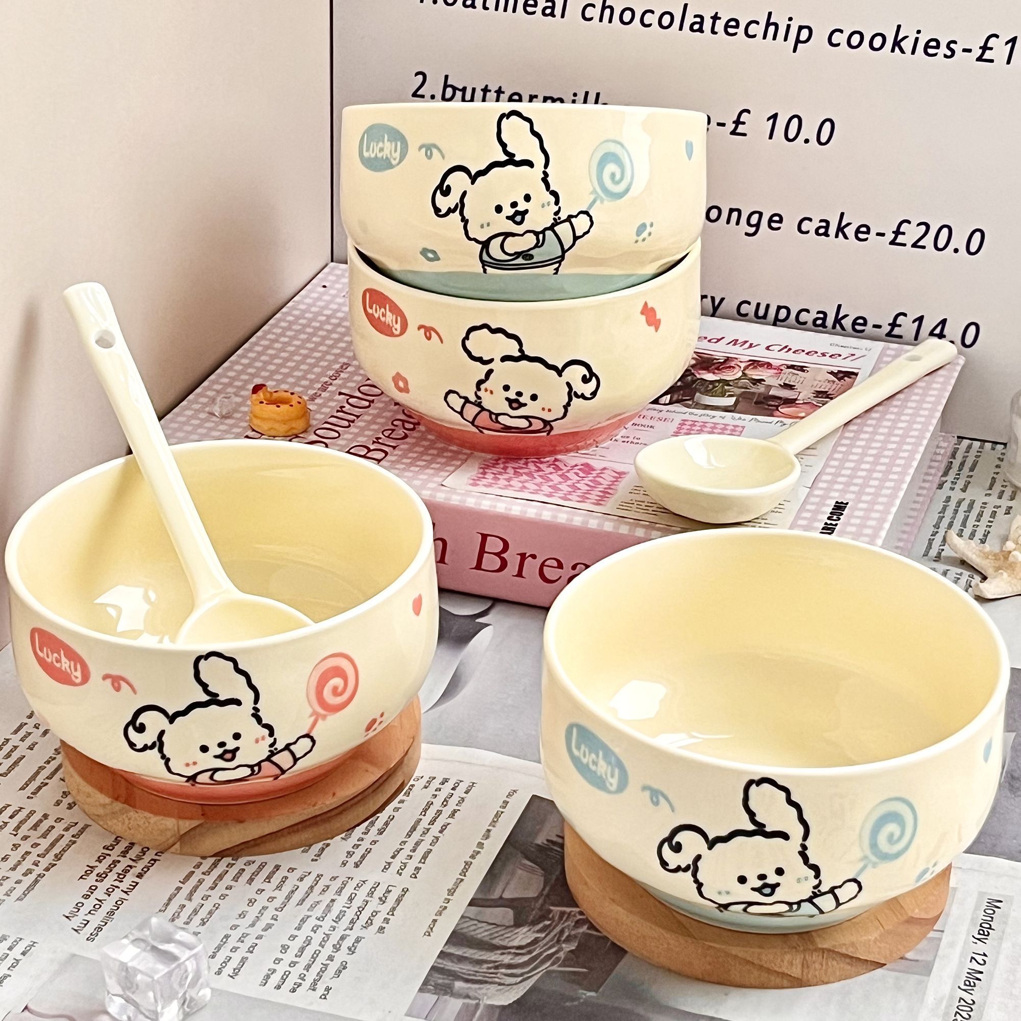 少女心奶油棒棒糖小狗可颂碗餐具家用高颜值陶瓷釉下彩饭碗甜品碗