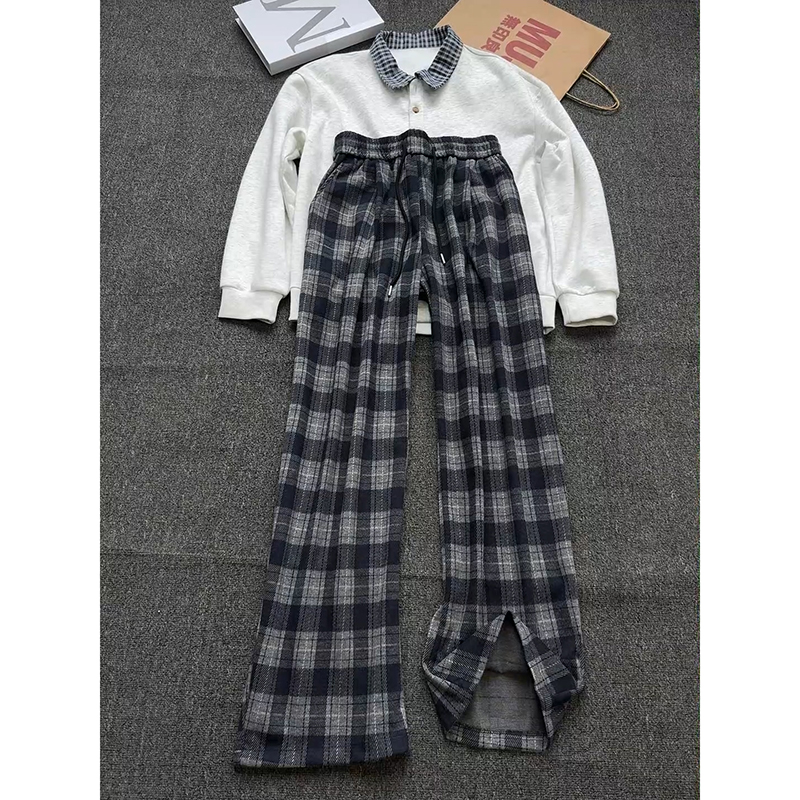 藏蓝色美式毛呢格子裤男款秋冬宽松慵懒风格纹裤子垂感直筒休闲裤