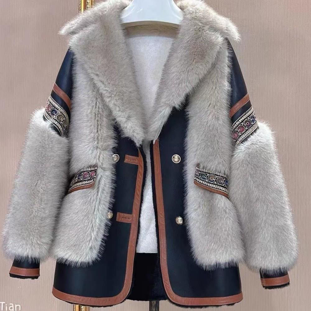 人造皮草 2025年新款重工刺绣托卡毛毛外套配皮女保暖外套 宽松时
