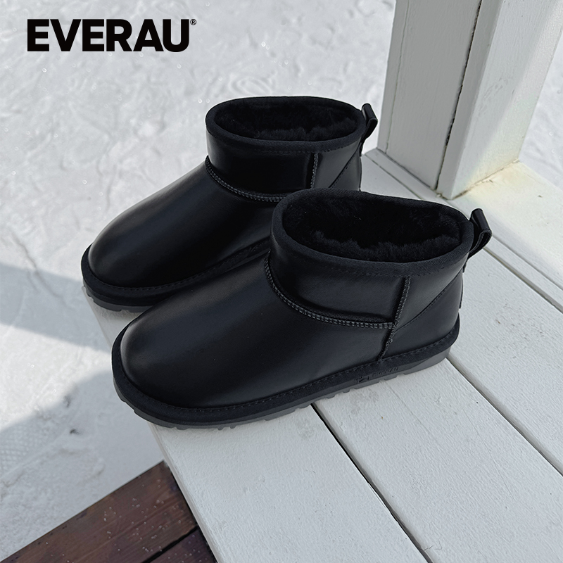 EVERAU皮毛一体雪地靴短筒冬季新款真皮保暖加厚棉鞋一脚蹬EA3196