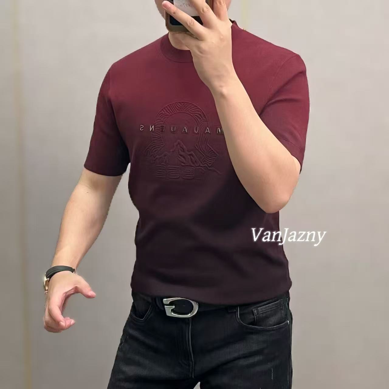 【VanJazny】新款潮流男士时尚渐变色几何图形圆领针织短袖T恤8109