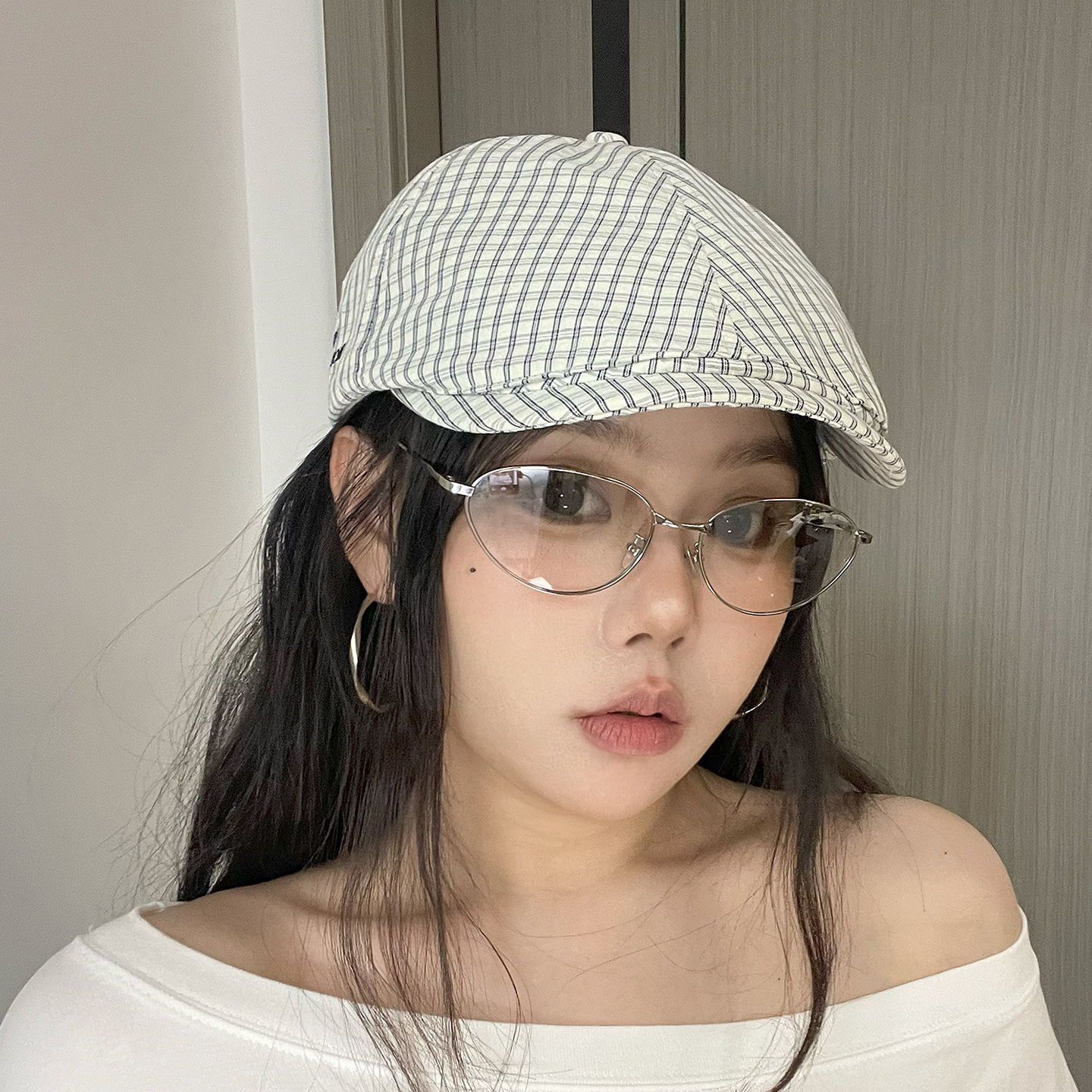 小众设计日系格子纹刺绣百搭前进帽显脸小女夏季薄款贝雷报童帽子