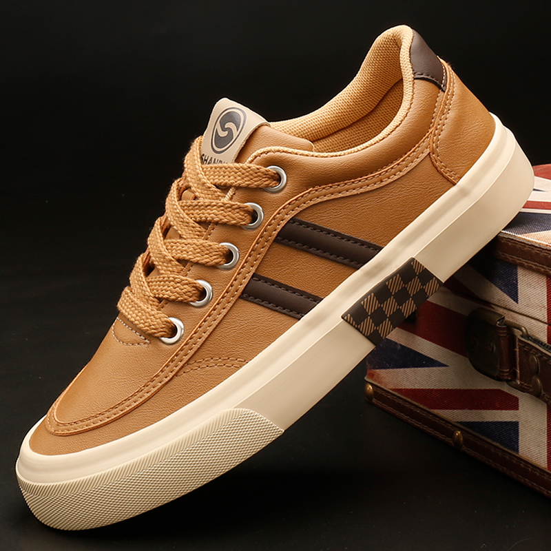 25873 百搭秋季纯色潮鞋韩版平跟板鞋前系带黑色耐磨男鞋休闲皮鞋