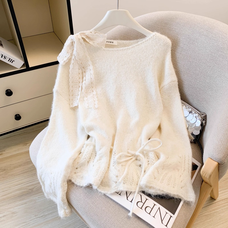 法式蕾丝蝴蝶结镂空长袖软糯毛衣女2025秋冬新款设计感针织衫上衣