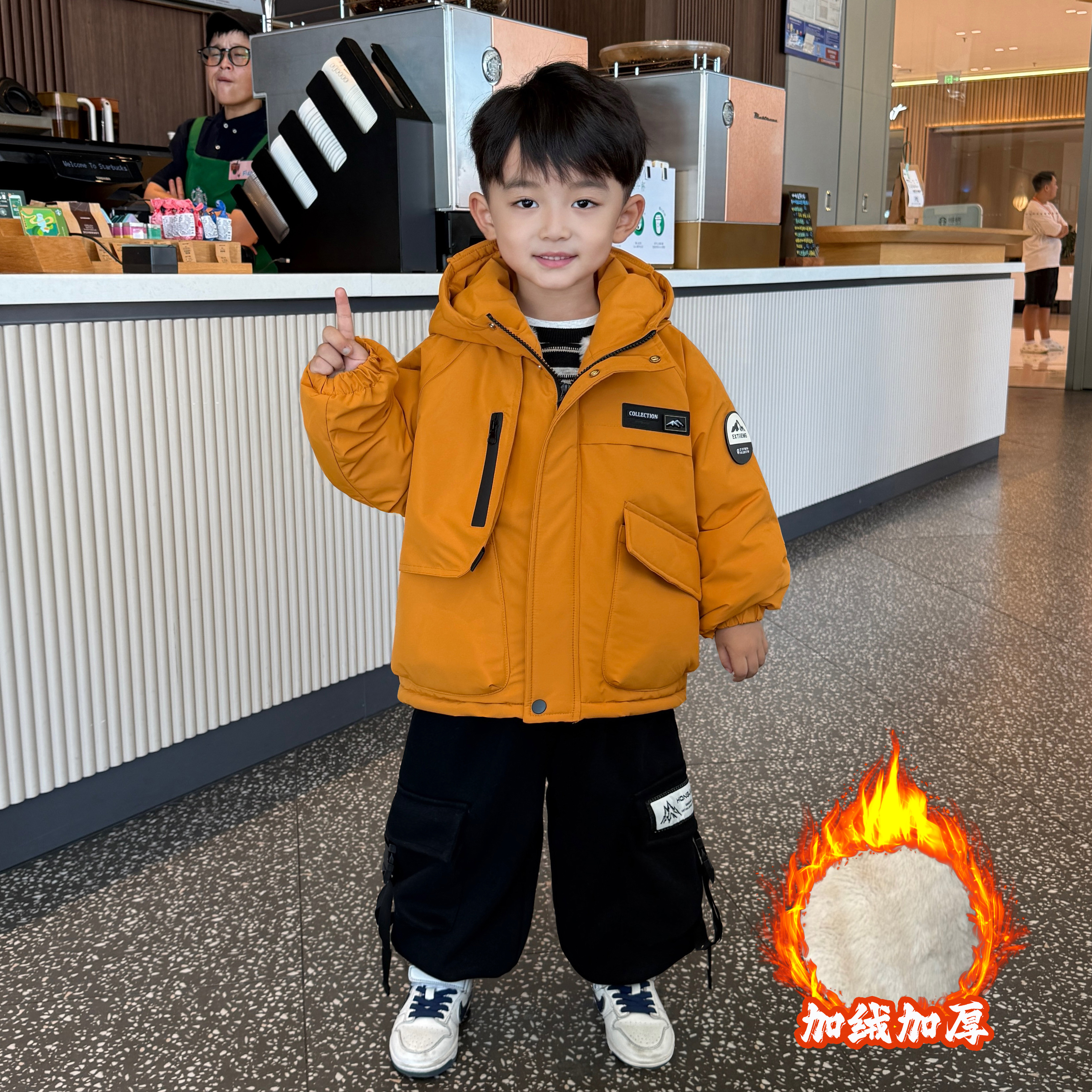 男童冬装加绒外套2025新款加厚衣服儿童洋气冬季保暖潮酷宝宝上衣
