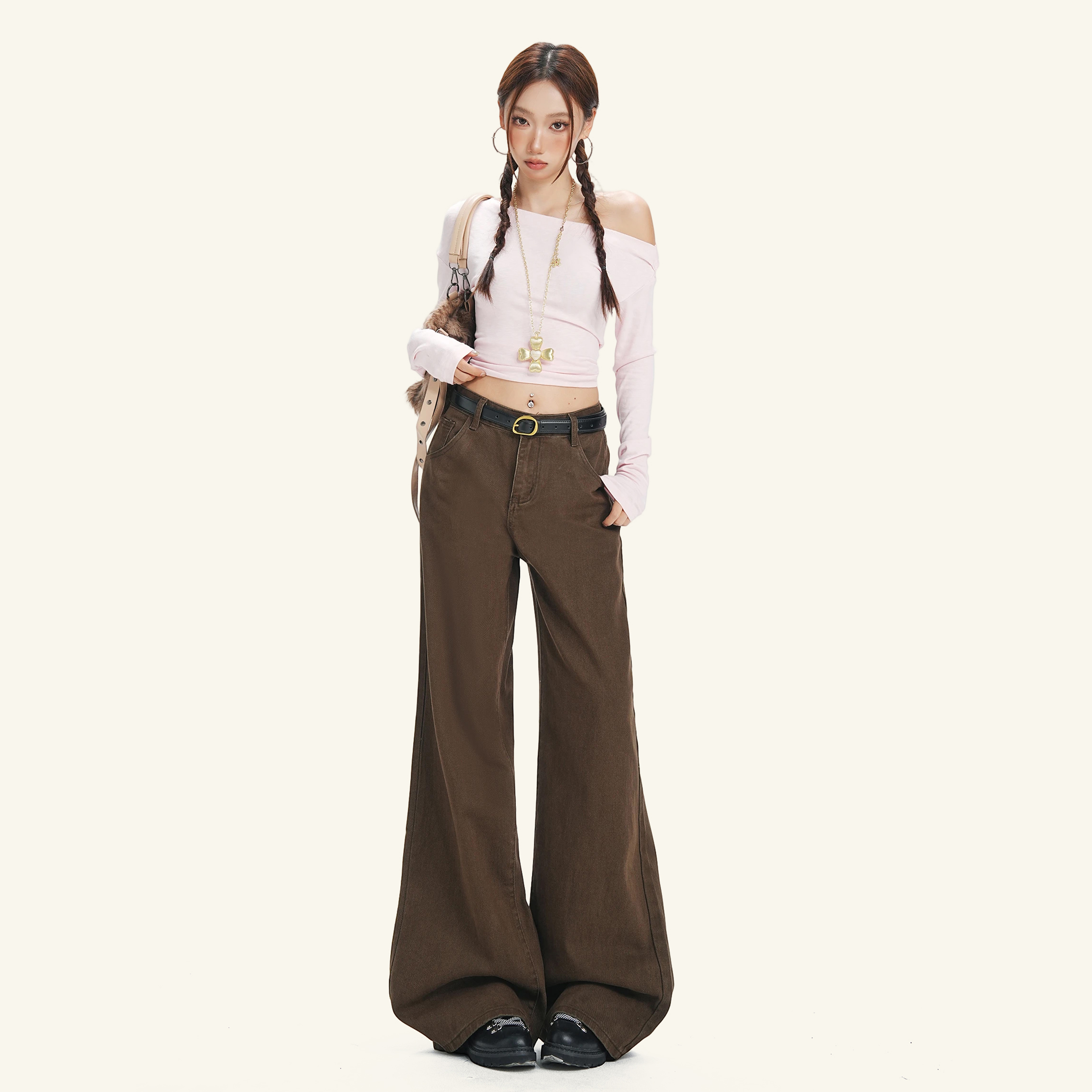 MNGRL 复古美拉德棕色阔腿牛仔裤女宽松垂感直筒裤辣妹休闲拖地裤