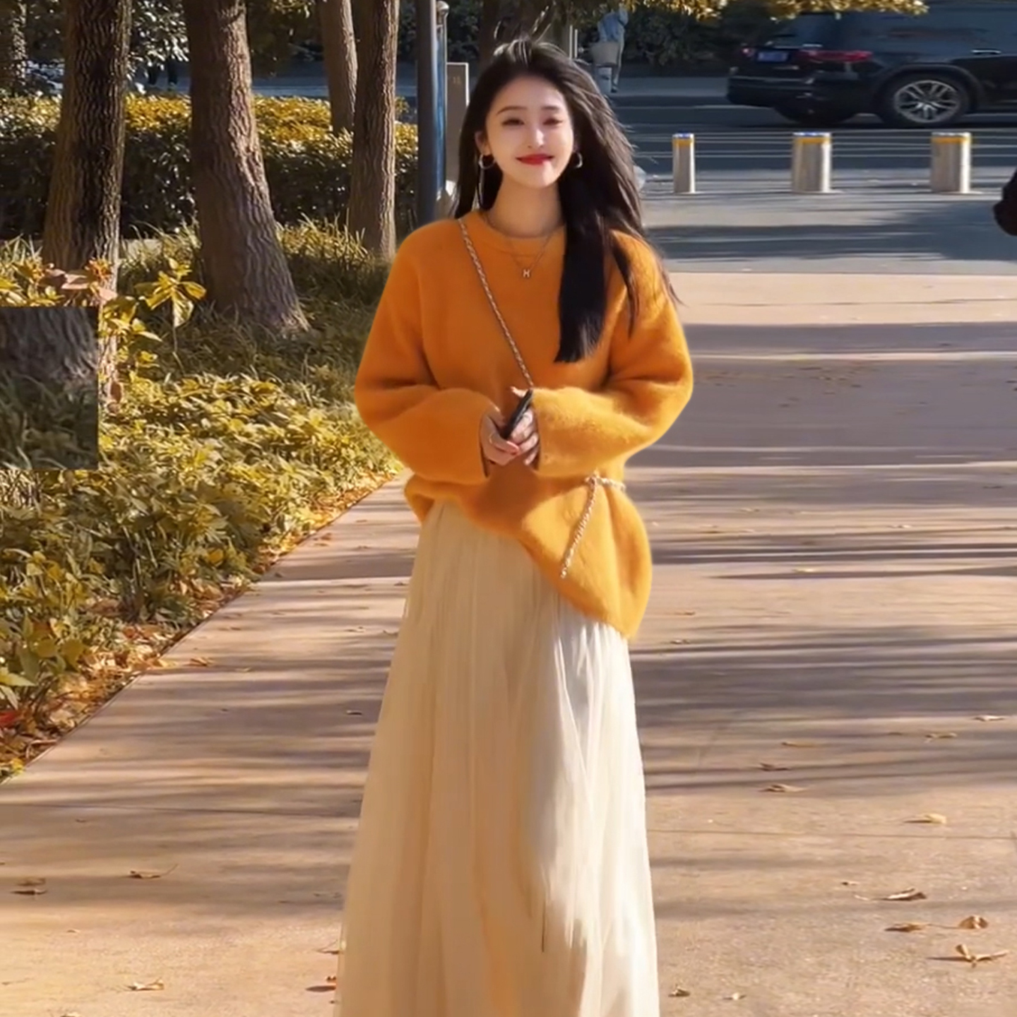 2026超火穿搭一整套独特漂亮高级感韩系橘黄色毛衣女秋冬套装长裙
