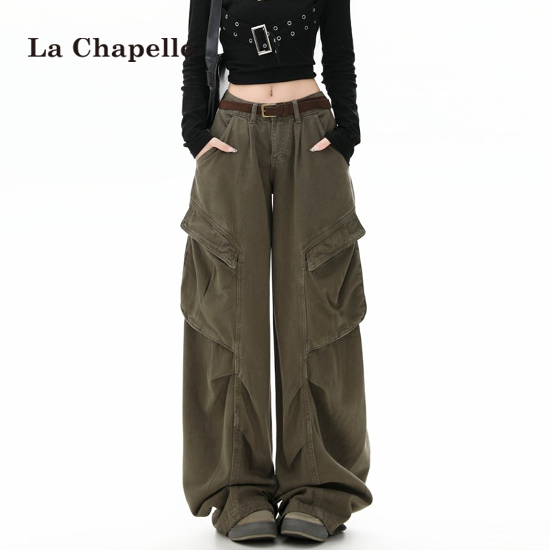 拉夏贝尔美式工装裤女春秋季2025新款潮牌军绿色宽松阔腿牛仔裤子