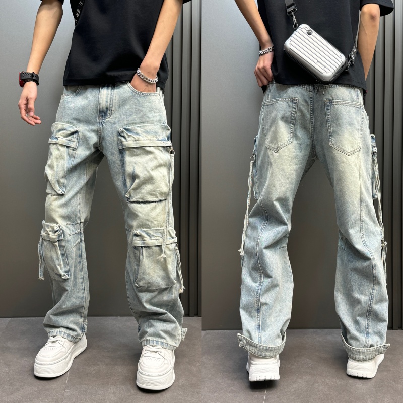 护鲸团男士春季立体拼接浅蓝牛仔裤多口袋工装设计直宽松立体口袋