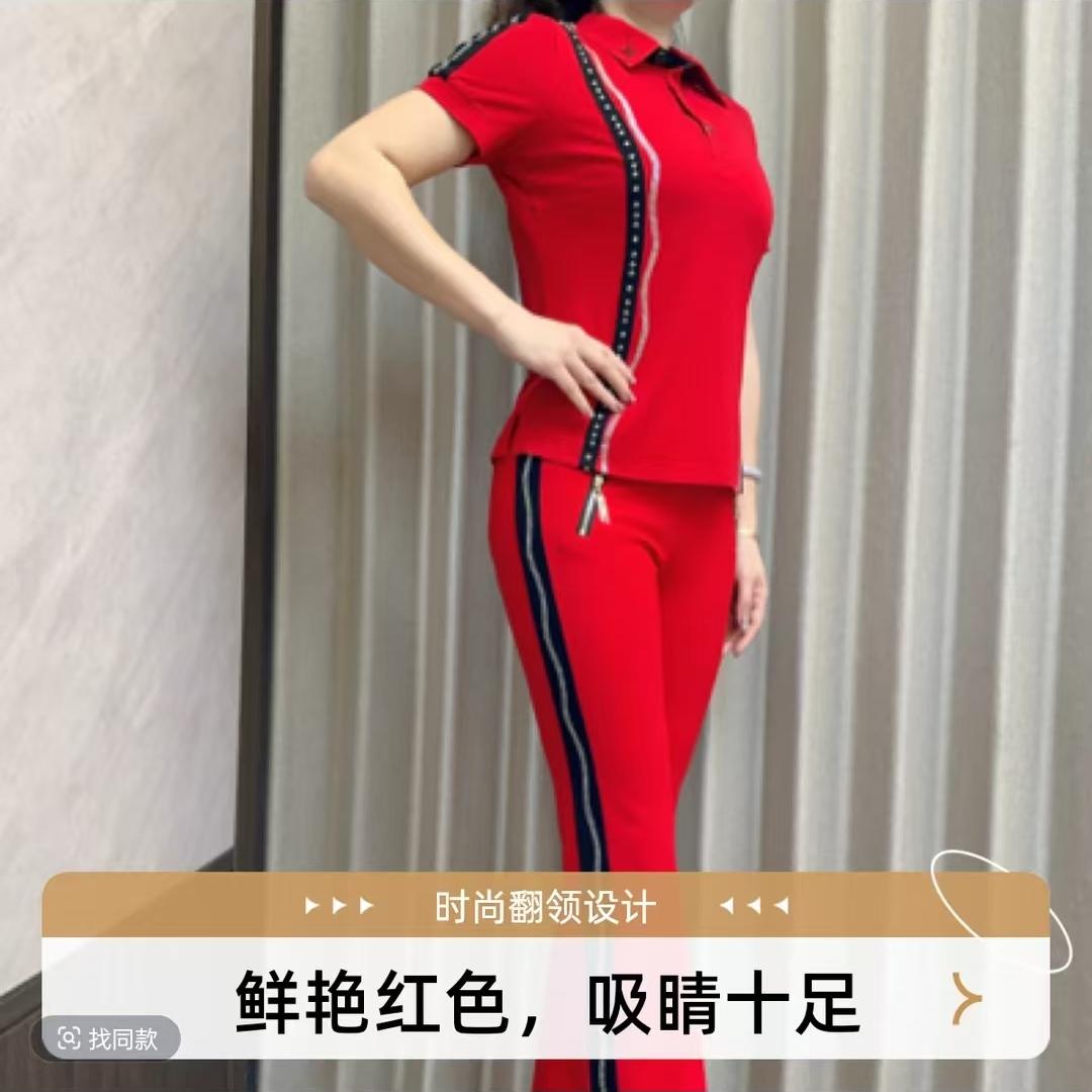 夏佳木斯健身操短袖罗马棉套装满天星钻老师同款红色佳操服2452