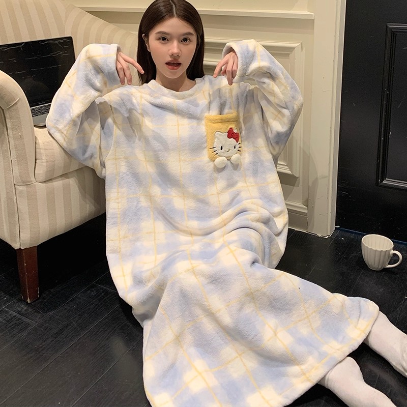 秋冬季加绒加厚珊瑚绒睡裙女冬天中长款猫咪连衣裙冬款法兰绒睡衣