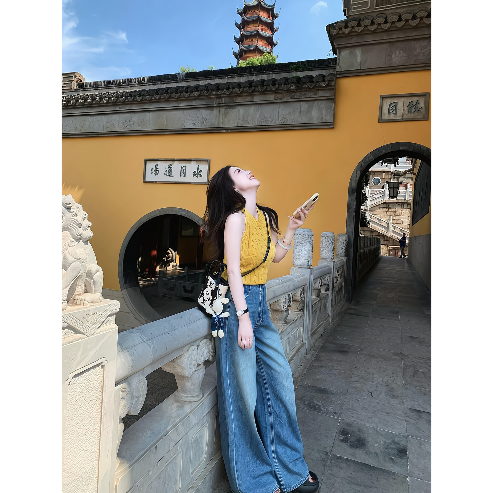 美式辣妹麻花针织挂脖背心显白显瘦上衣高腰阔腿牛仔裤直筒弯刀裤