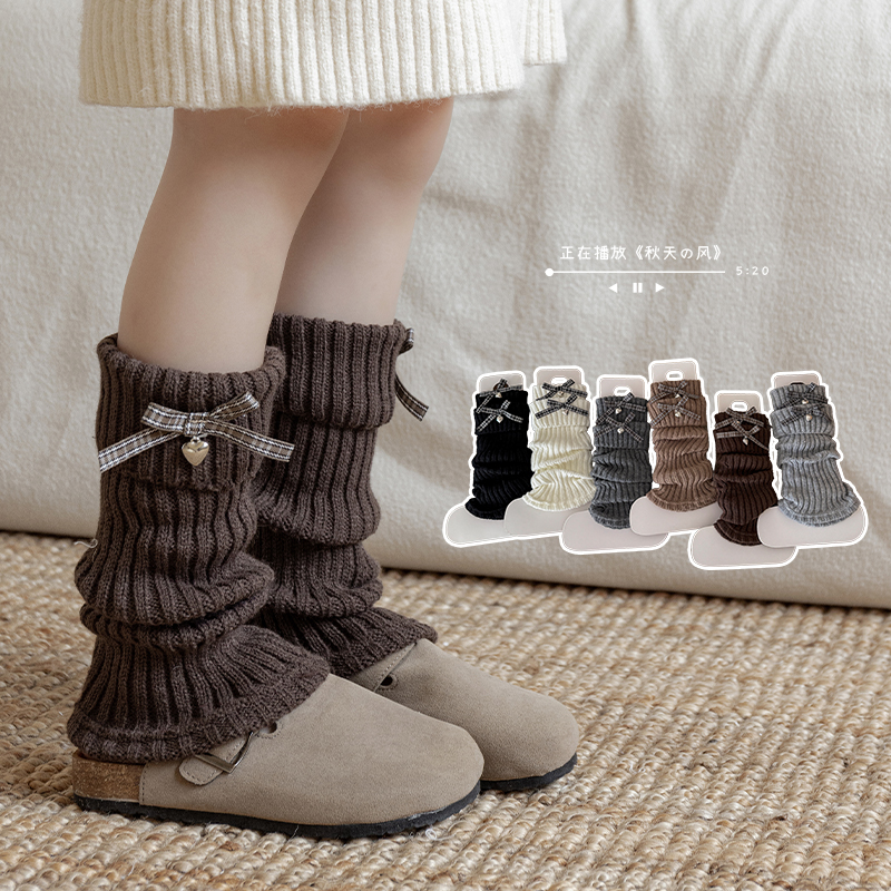 女童袜套秋冬儿童复古格子蝴蝶结长筒袜韩版女孩纯色针织堆堆袜套